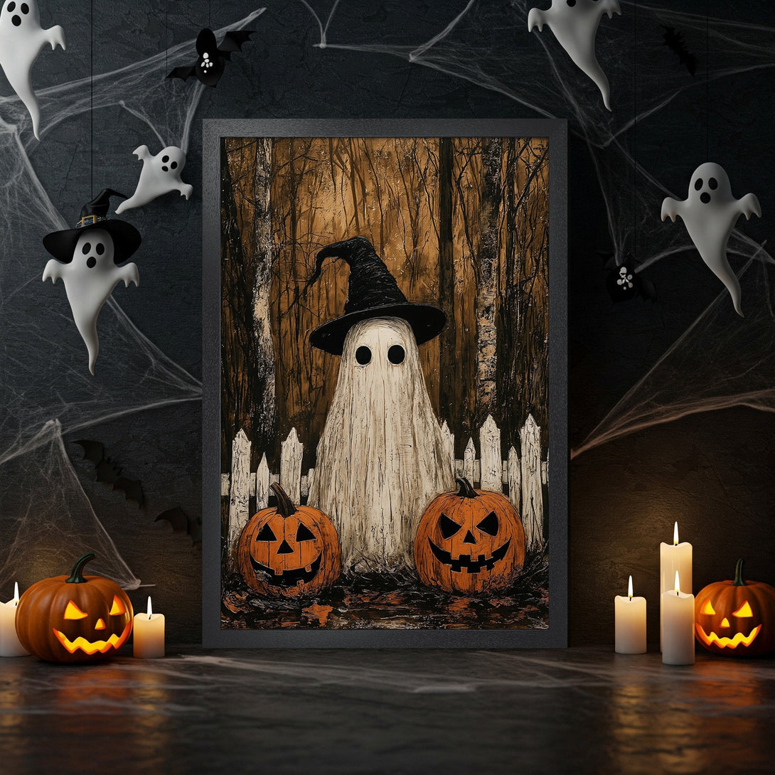 Framed Poster featuring a spooky ghost with pumpkins, in a Halloween-themed style, with a black, orange, and brown color palette.