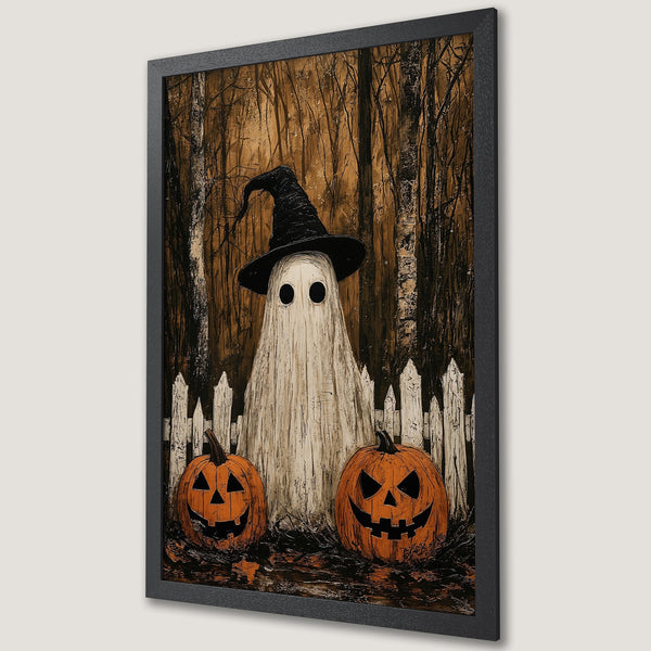 Framed Poster featuring a spooky ghost and pumpkins in a forest setting. Halloween art with a warm, earthy color palette. Perfect for seasonal decor!