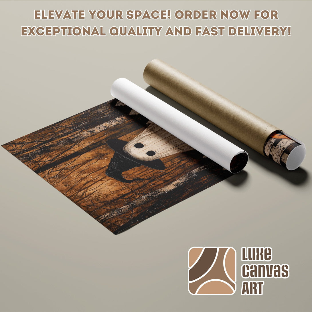 Halloween themed Poster Roll featuring a ghost in a witch hat, with warm brown and black tones. Order now!