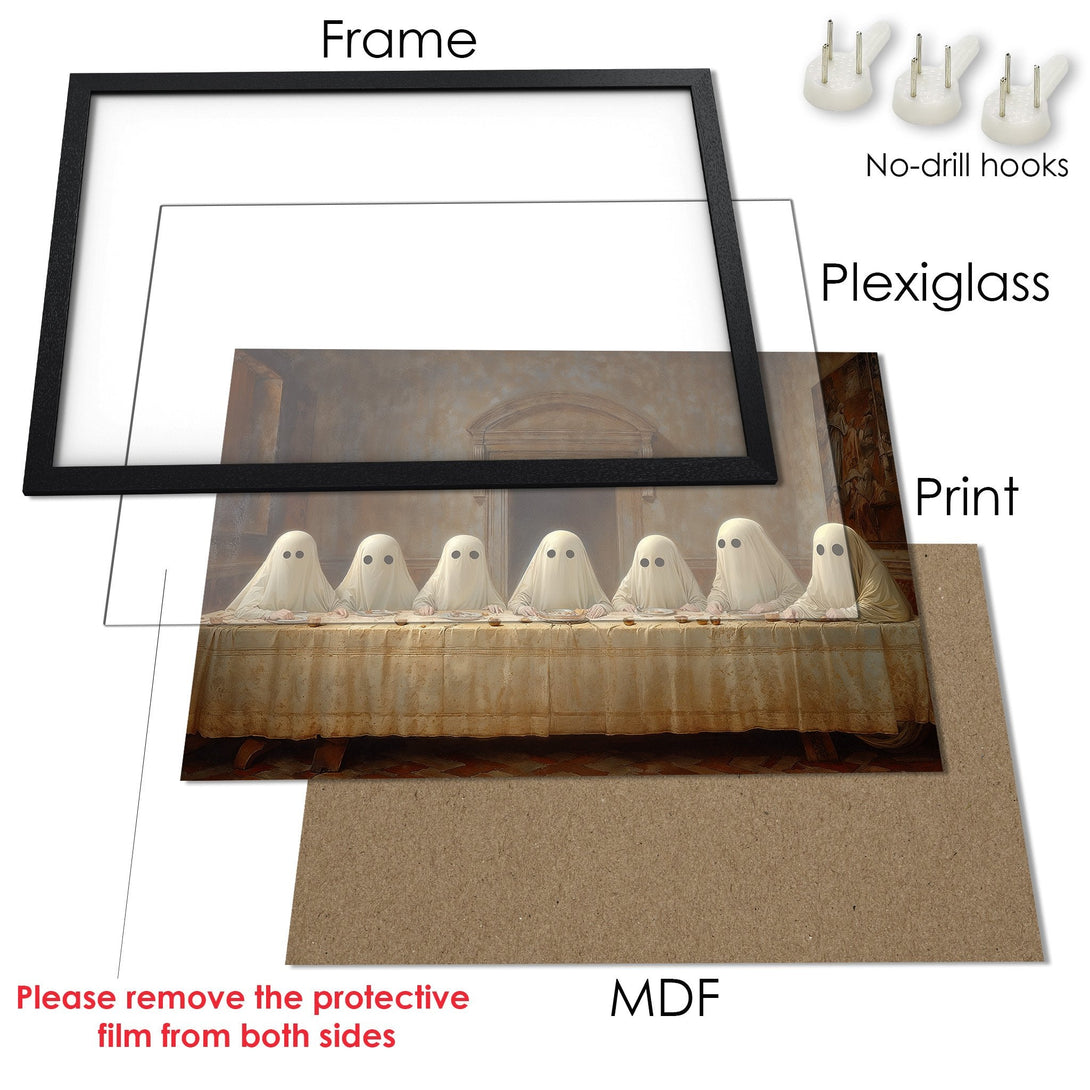 Framed Poster featuring ghosts at a table in a vintage style with a neutral color palette. Perfect wall art!