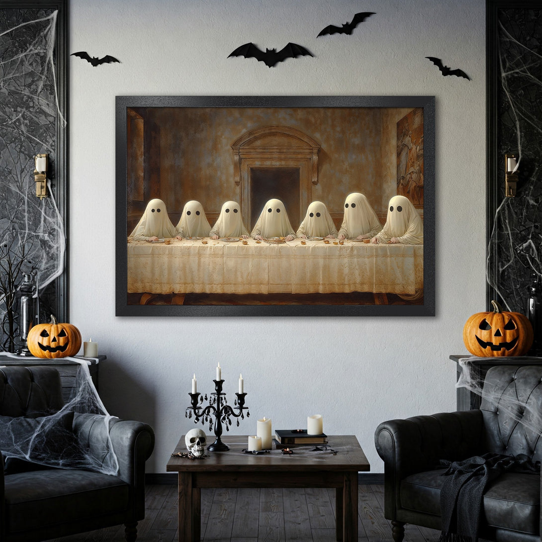 Framed Poster featuring ghosts at a table, Halloween art in a spooky style with warm tones. Perfect for your fall decor!