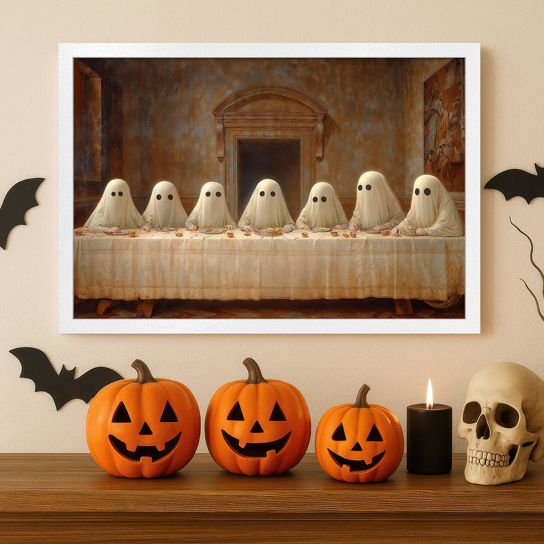 Framed Poster: Spooky Halloween art featuring ghosts at a table. Vintage style, warm color palette. Perfect for your haunted home!