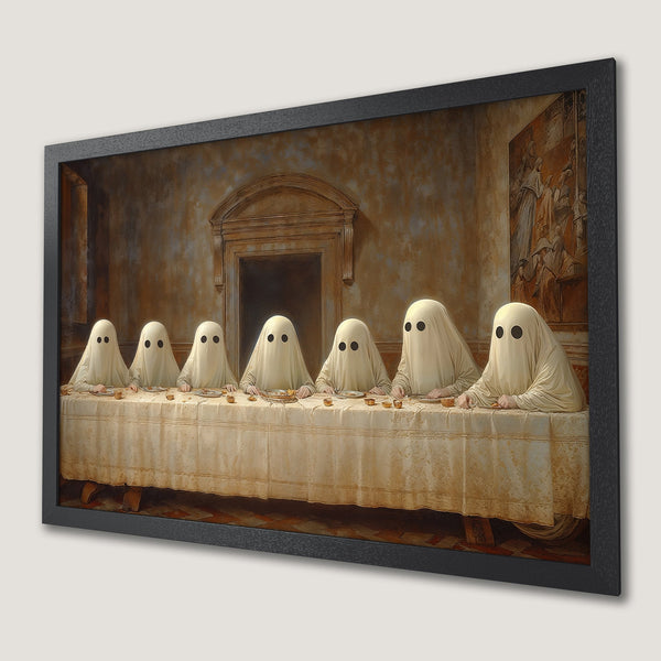 Framed Poster of ghosts at a table, parody of The Last Supper. Vintage style with a muted, warm color palette. Spooky wall art.