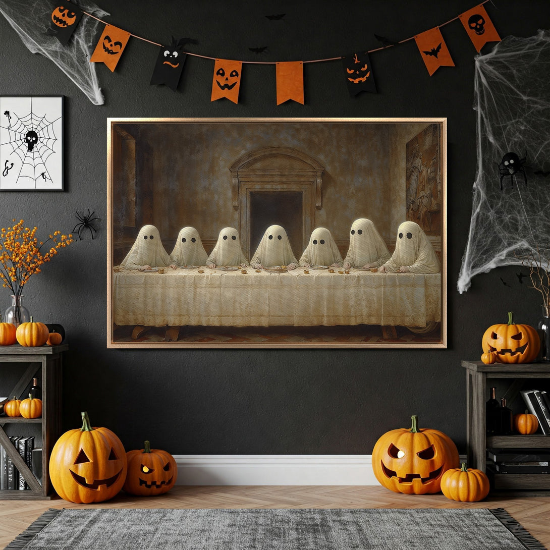 Framed Wall Art featuring a spooky "Last Supper" with ghosts, perfect for Halloween decor. Warm, earthy tones and a dark, dramatic interior.