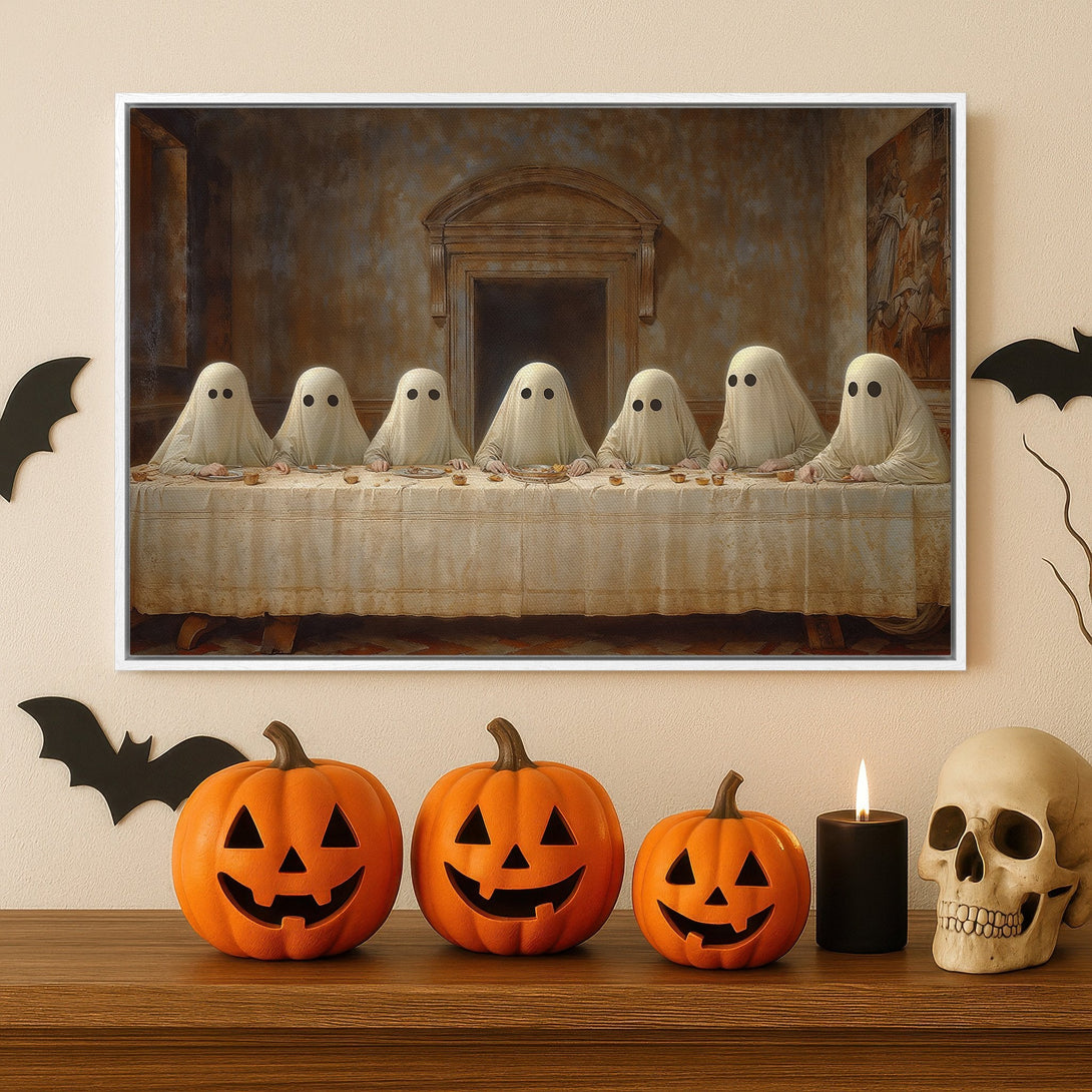 Framed Wall Art: Spooky Halloween scene with ghosts at a table, warm neutral tones. Perfect for your Halloween decor!