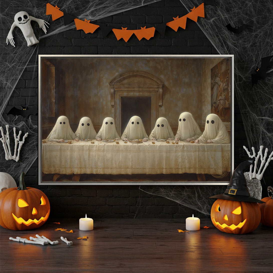 Framed Wall Art: Spooky "Last Supper" with ghosts, cream & sepia tones, perfect for Halloween decor. Add a touch of eerie art to your space!