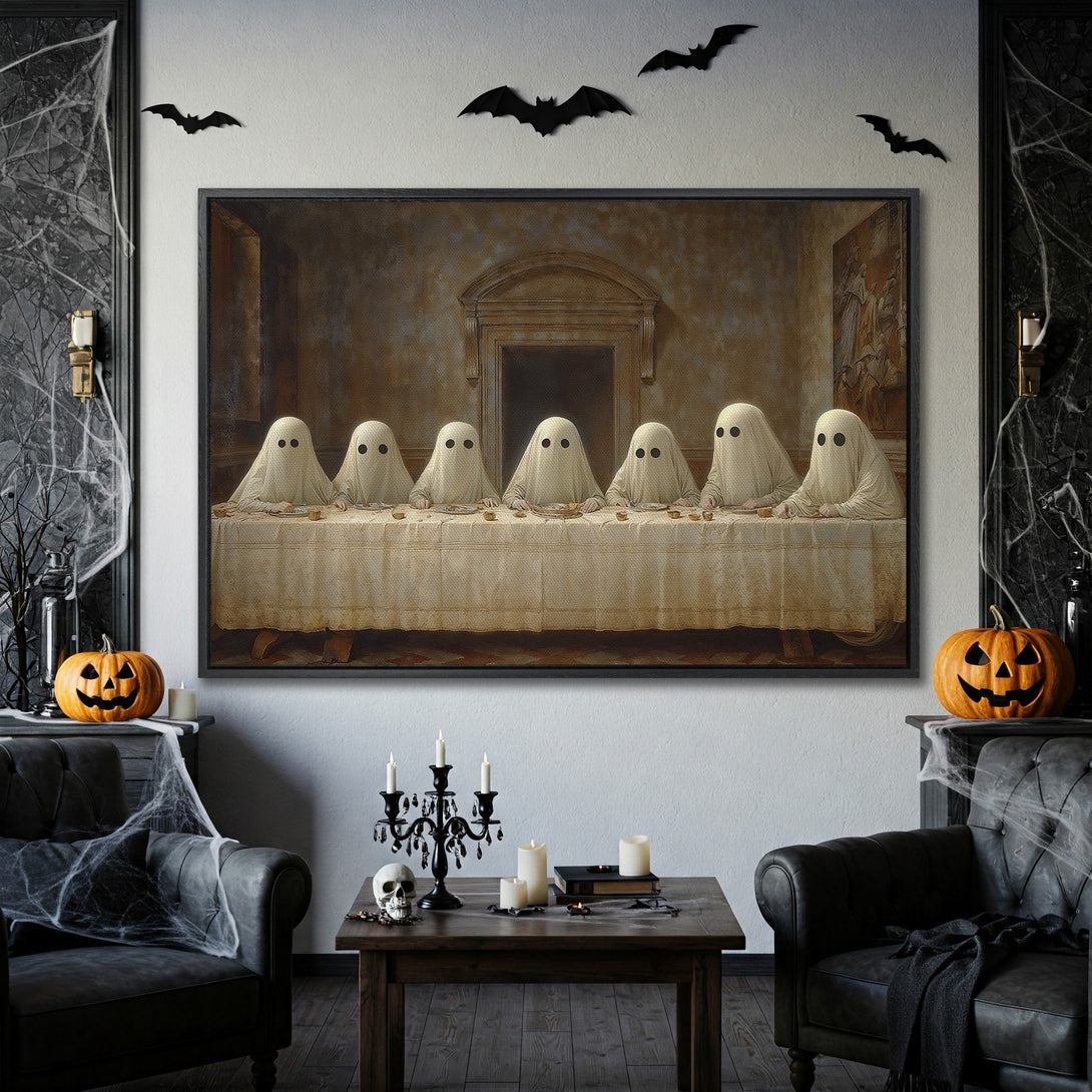 Framed Wall Art: Spooky "Last Supper" with ghosts, displayed in a Halloween-themed interior. Features a muted, vintage color palette with a touch of humor.