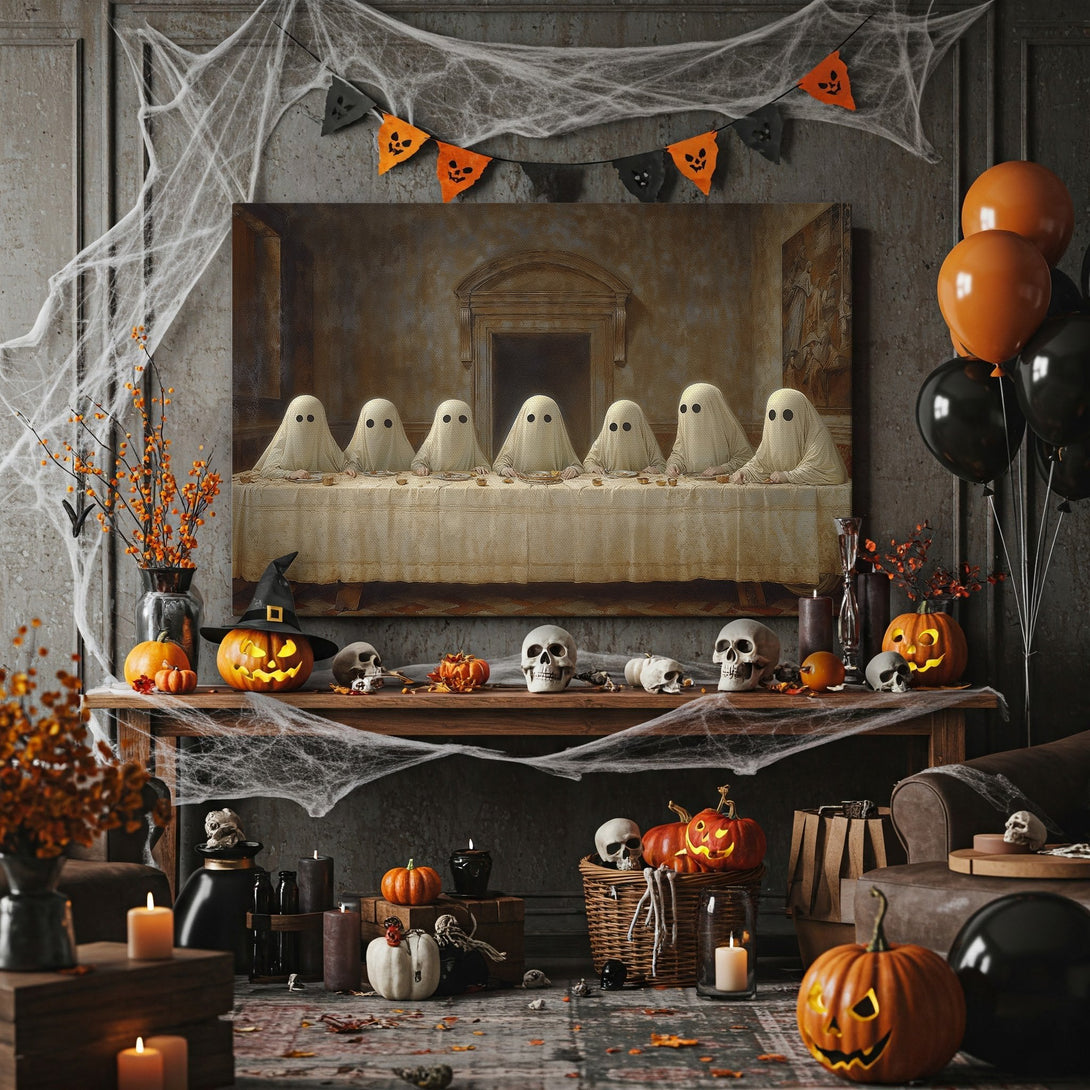 Framed Wall Art: Spooky Halloween scene with ghosts at a table. Vintage style, warm gold and brown tones. Perfect for seasonal decor!