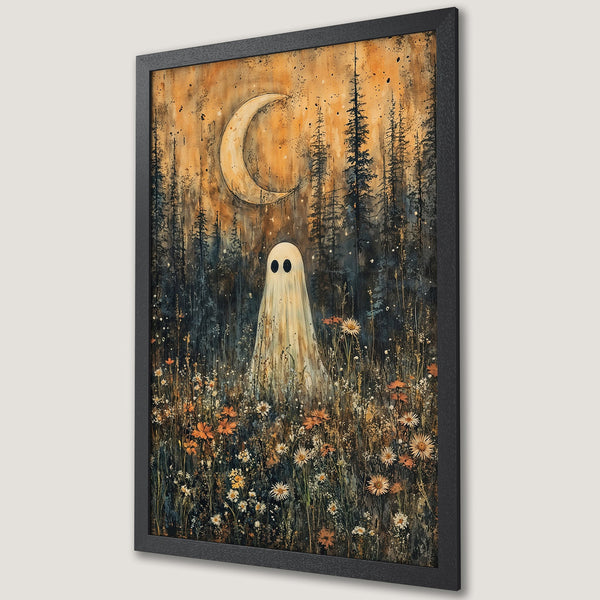 Framed Poster featuring a whimsical ghost in a field, with a warm, earthy color palette and a touch of spooky charm. Perfect wall art!