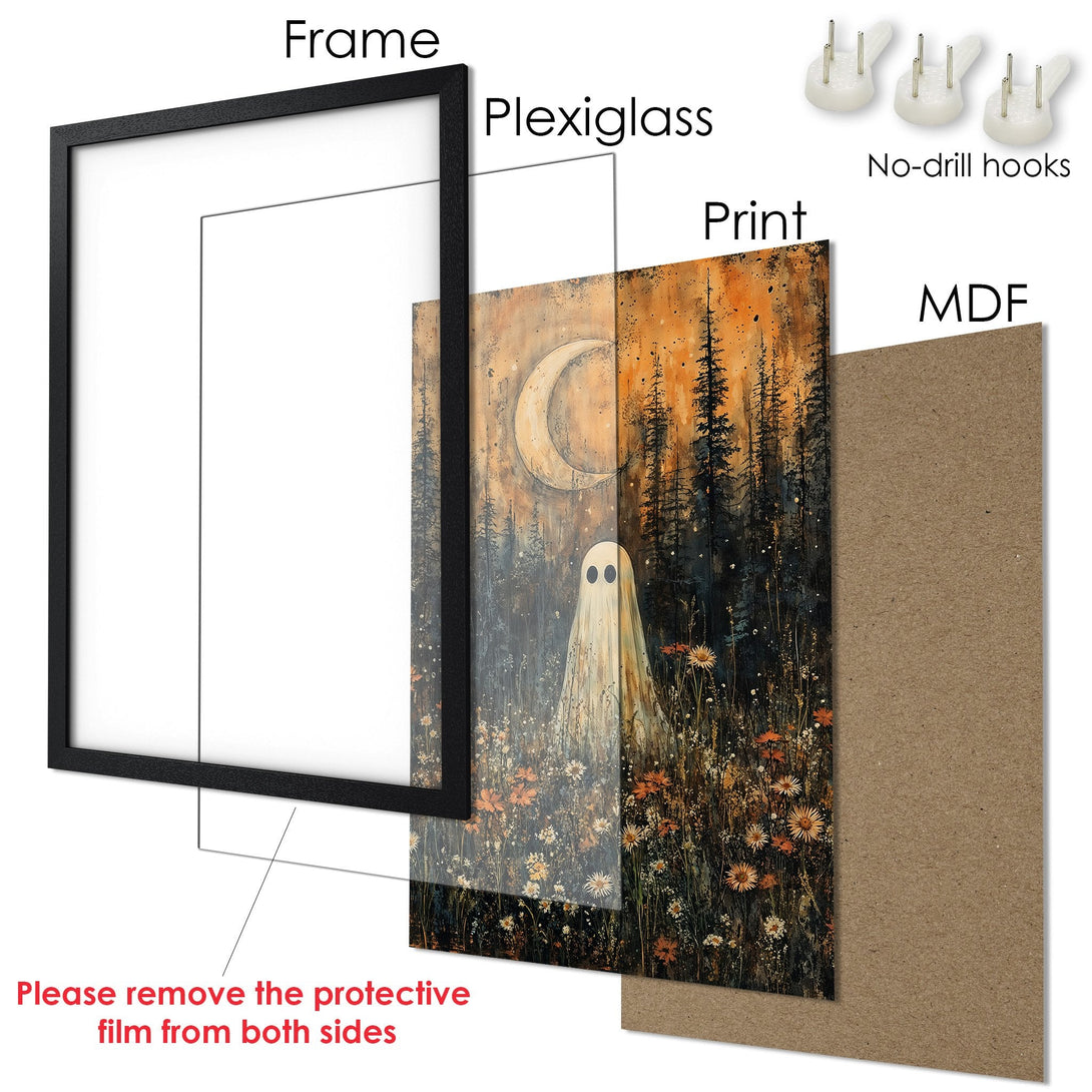 Framed Poster art featuring a ghost in a forest with a moon, warm color palette, perfect for Halloween decor.