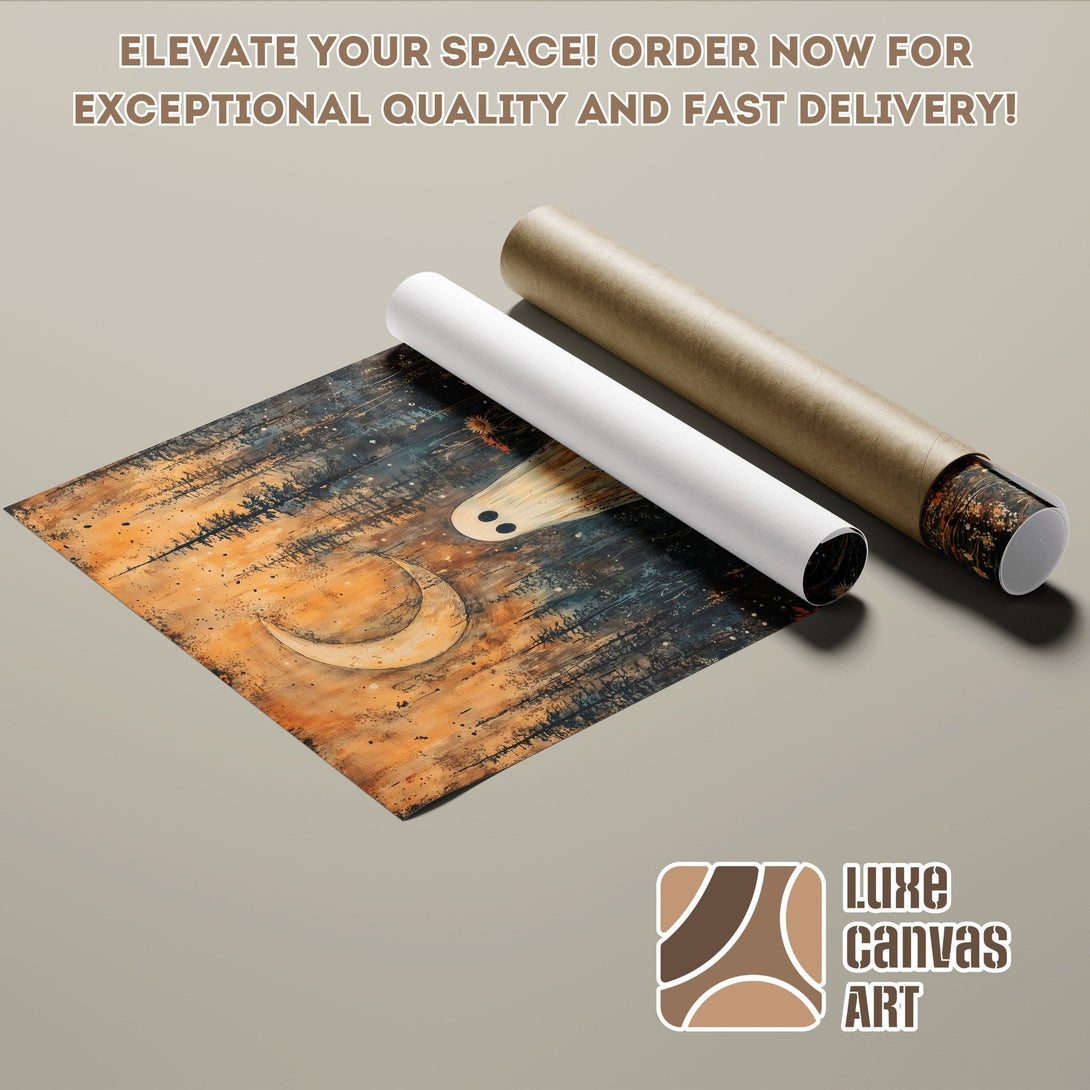 Poster Roll featuring a spooky ghost and moon art print in warm tones. Elevate your space!