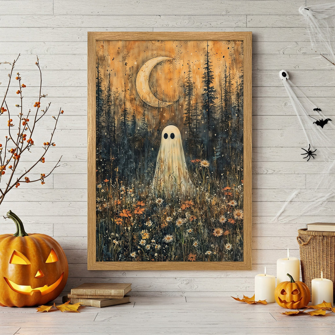 Framed Poster featuring a whimsical ghost in a forest, warm orange & dark blue color palette, perfect Halloween decor.
