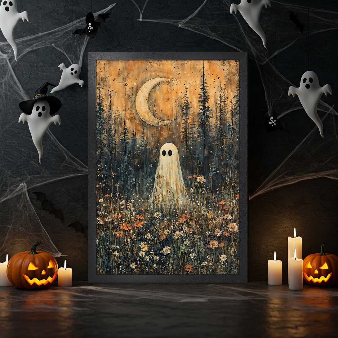 Framed Poster featuring a whimsical ghost in a field, with a warm orange and blue color palette, perfect for Halloween decor.
