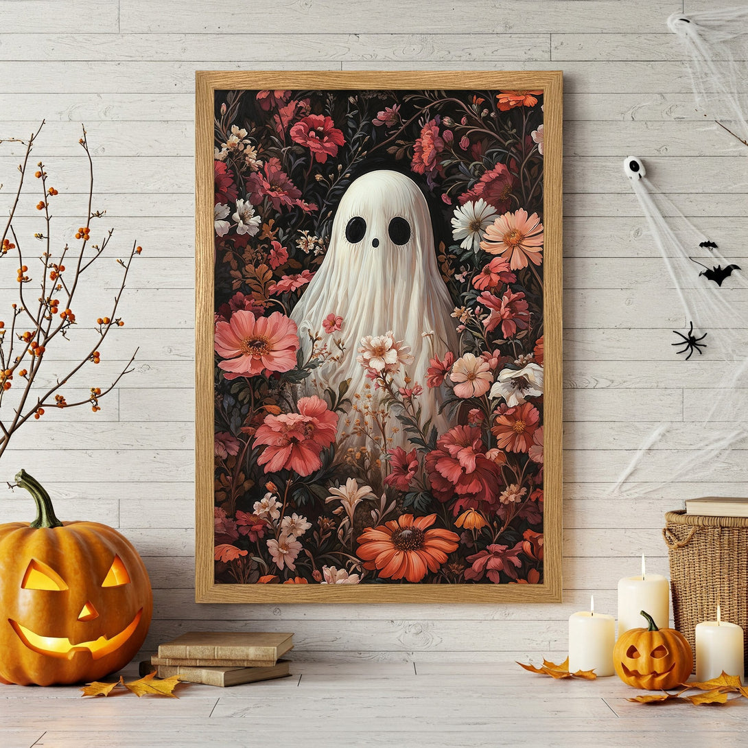 Framed Poster featuring a ghost in a floral design, vintage style with a dark red and pink color palette, perfect for Halloween decor.