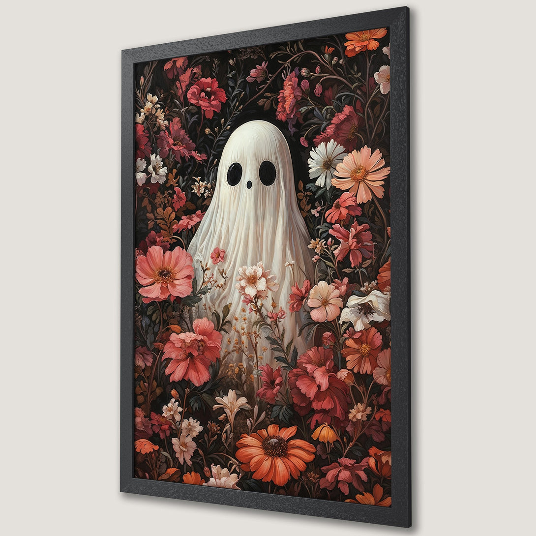 Framed Poster featuring a whimsical ghost in a floral garden. Dark, moody style with a warm, autumnal color palette. Perfect Halloween decor!