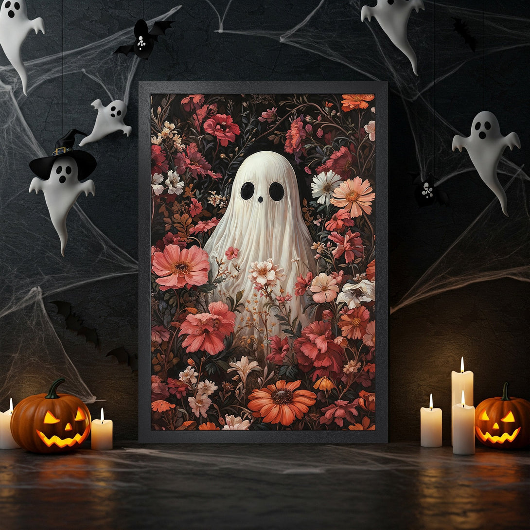 Framed Poster featuring a ghost in floral design. Halloween decor in a dark, moody color palette. Perfect for spooky season!