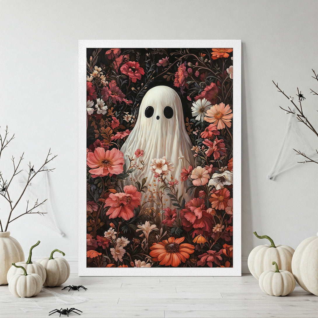 Framed Poster featuring a whimsical ghost in a floral garden, artistic style with a dark, warm color palette. Perfect Halloween decor!