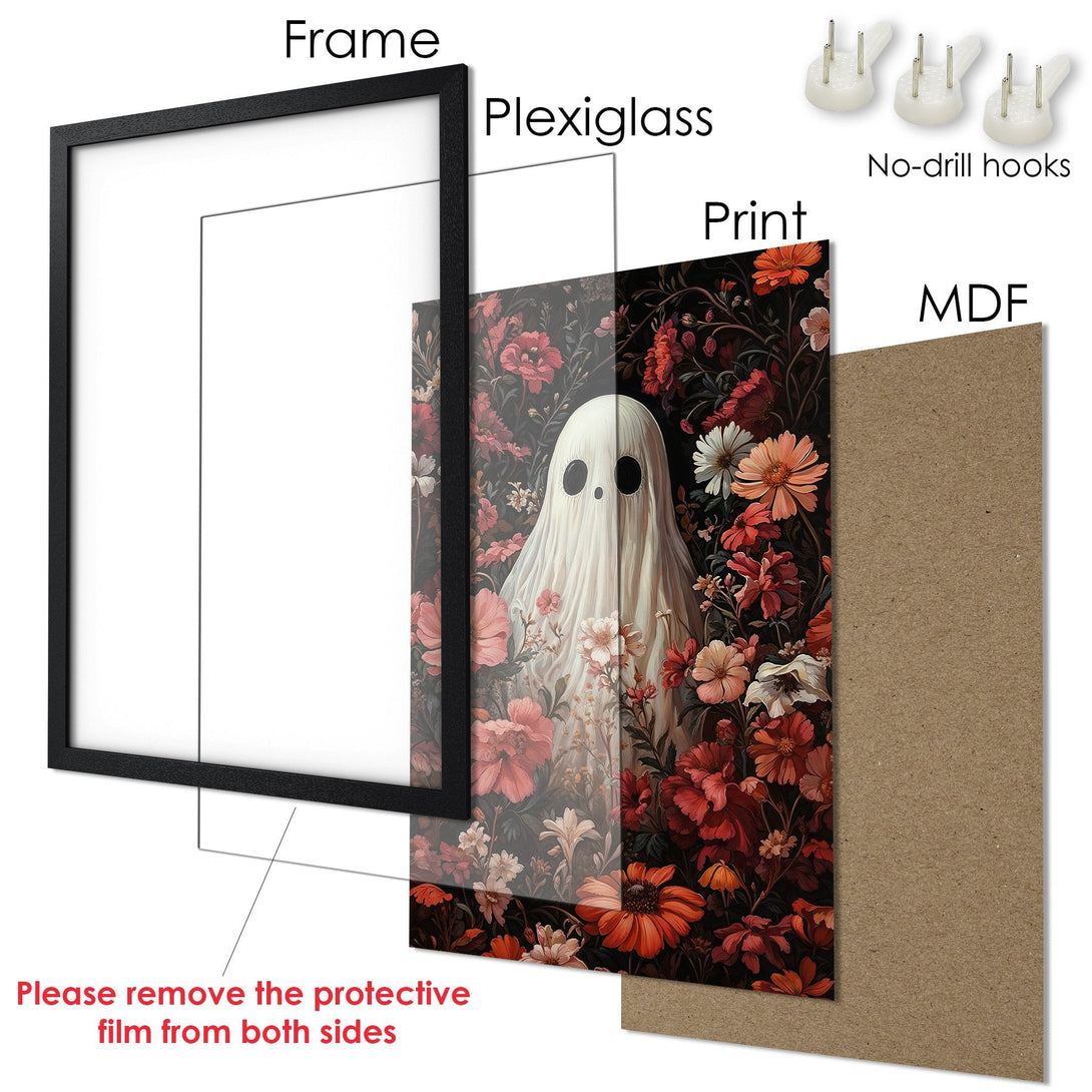 Framed Poster featuring a whimsical ghost in a floral design, with a dark, moody color palette. Perfect for Halloween decor!