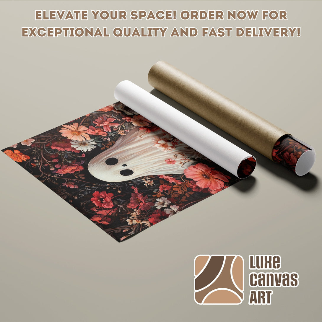 Poster Roll featuring a ghost with floral design, dark and red color palette. Elevate your space!