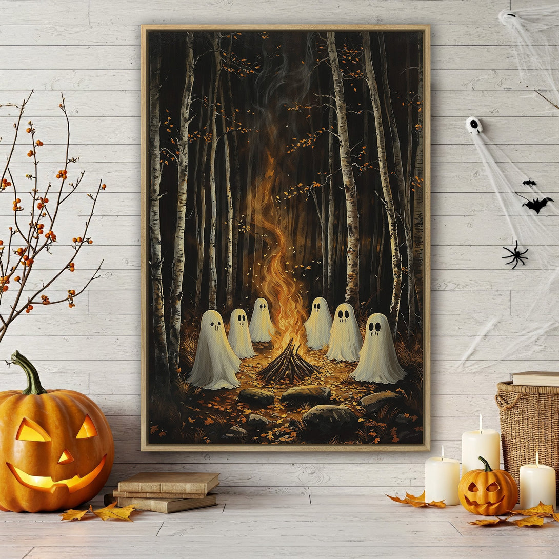 Framed Wall Art: Spooky forest scene with ghosts around a campfire. Dark, atmospheric painting with warm orange and brown color palette, perfect for Halloween decor.