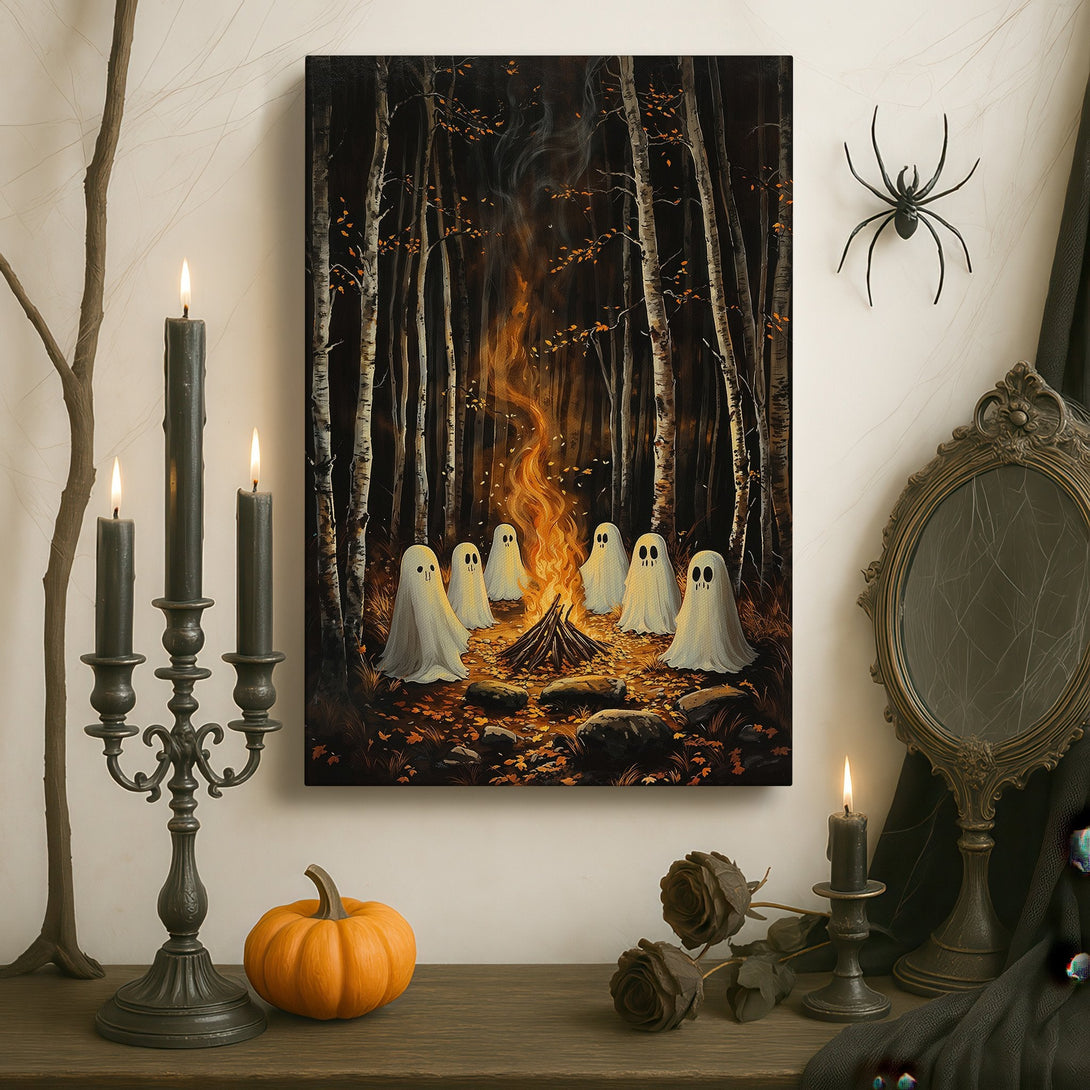 Framed Wall Art: Spooky campfire scene with ghosts in a dark forest. Warm orange and brown tones. Perfect for Halloween decor.
