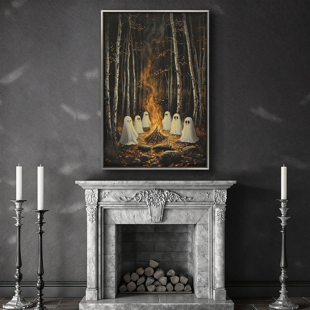Framed Wall Art: Spooky campfire scene with ghosts in a dark forest. Warm orange and brown tones. Perfect Halloween decor for a cozy, eerie vibe.