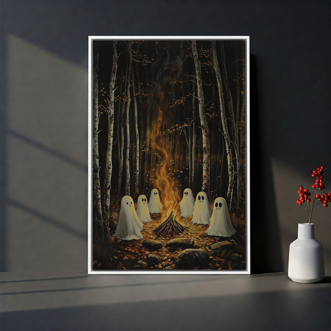 Framed Wall Art: Spooky campfire scene with ghosts in a dark forest. Warm orange and brown color palette. Perfect Halloween decor.