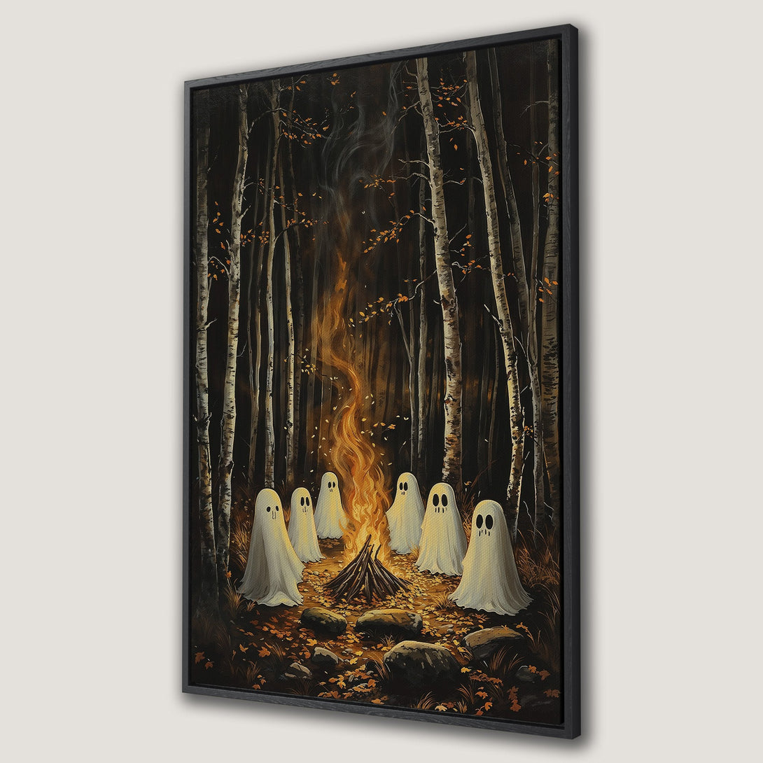 Framed Wall Art: Spooky scene with ghosts around a campfire in a dark forest. Warm orange and brown hues create a haunting yet inviting atmosphere. Perfect Halloween decor!