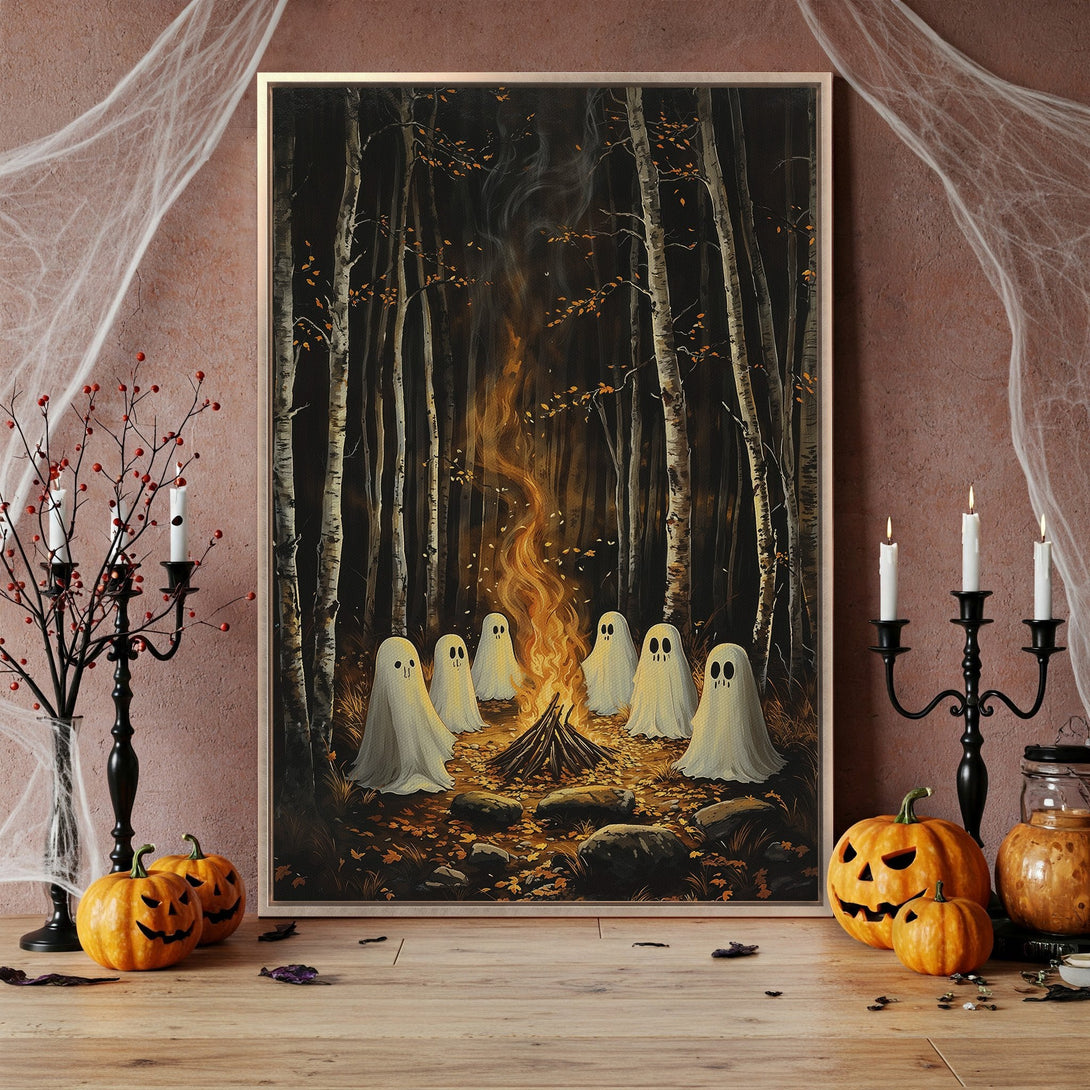 Framed Wall Art: Spooky Halloween scene with ghosts around a campfire in a dark forest. Warm orange and brown tones create a cozy, eerie atmosphere. Perfect for fall decor!