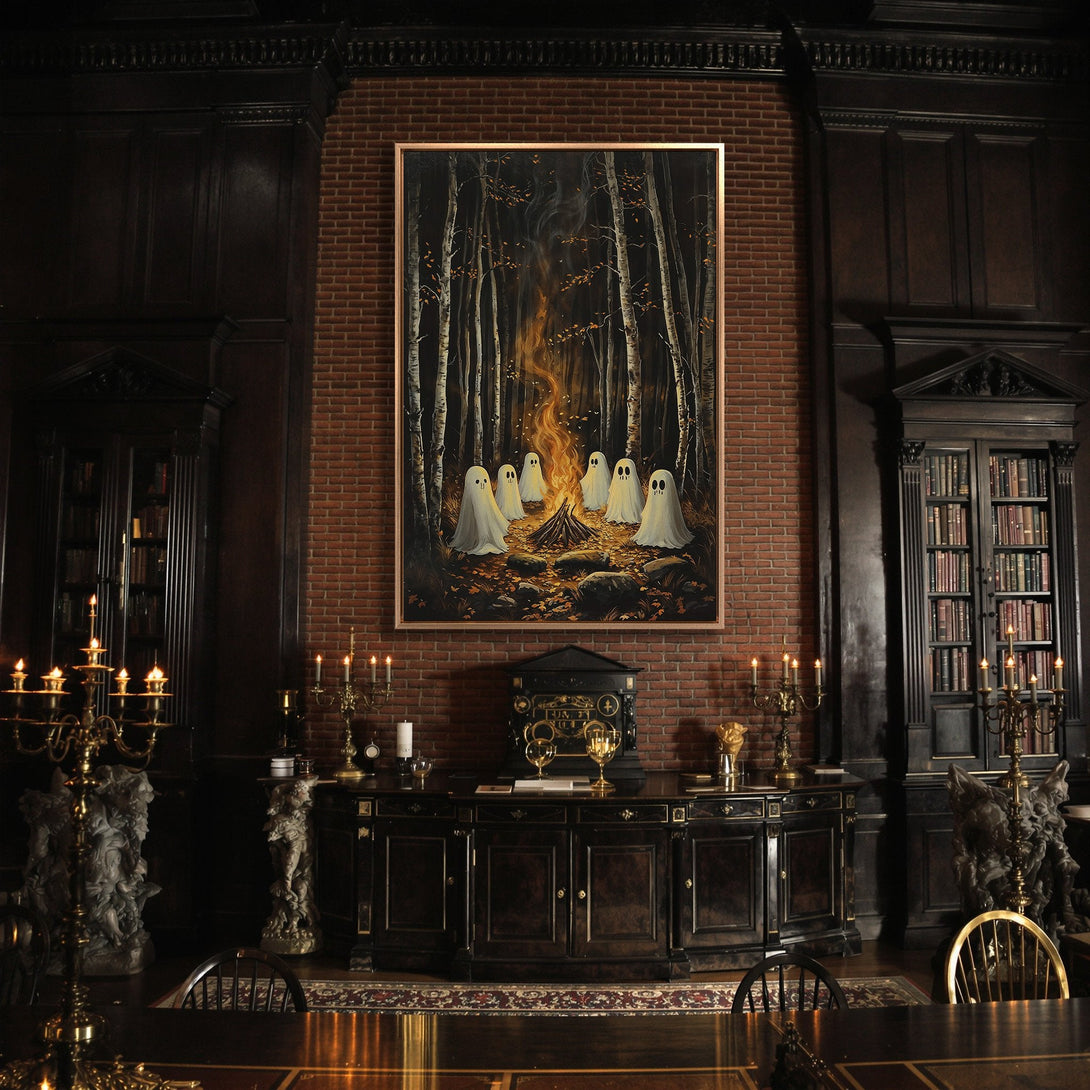 Framed Wall Art: Spooky forest scene with ghosts around a campfire. Dark, gothic style with warm orange and cool black tones. Perfect Halloween decor.