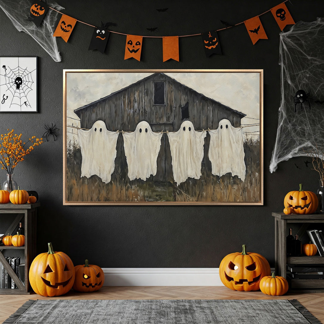 Framed Wall Art: Spooky barn with ghost art in a Halloween-themed room. Neutral & orange color palette. Perfect for seasonal decor!