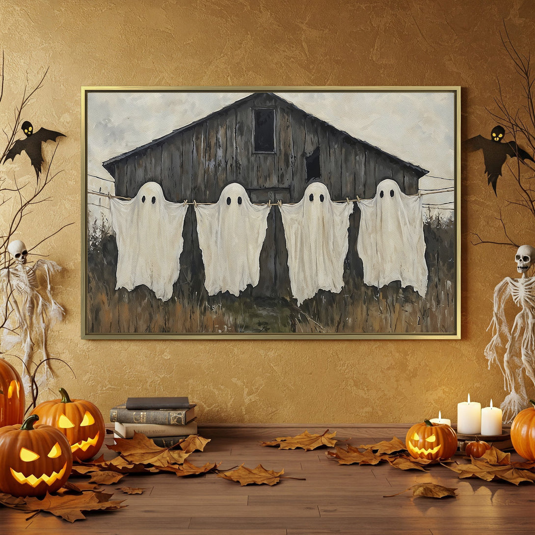 Canvas Print featuring a spooky barn with ghosts, perfect for Halloween decor. Rustic style, neutral and orange tones. Add a touch of fright to your space!