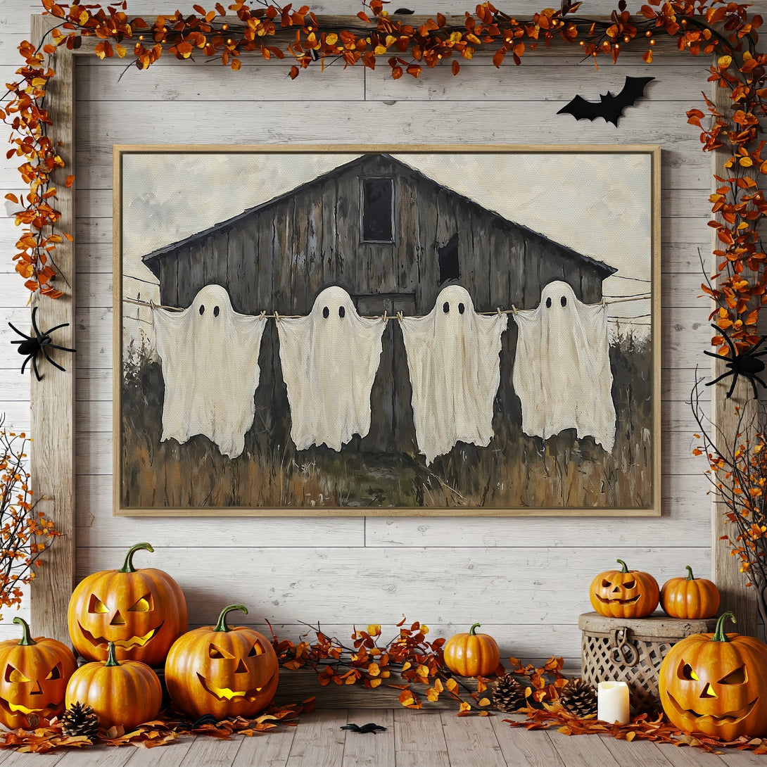 Framed Wall Art: Spooky Halloween scene with ghosts hanging on a line, rustic style, warm orange and gray color palette.