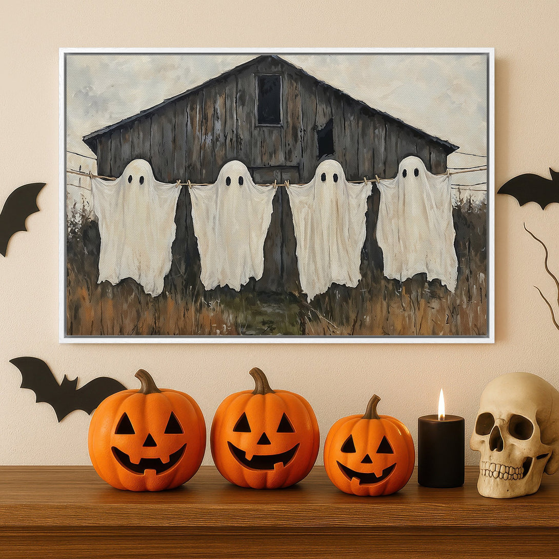 Framed Wall Art: Spooky Halloween scene with ghost laundry on a barn. Rustic style, neutral & orange tones. Perfect for fall decor!