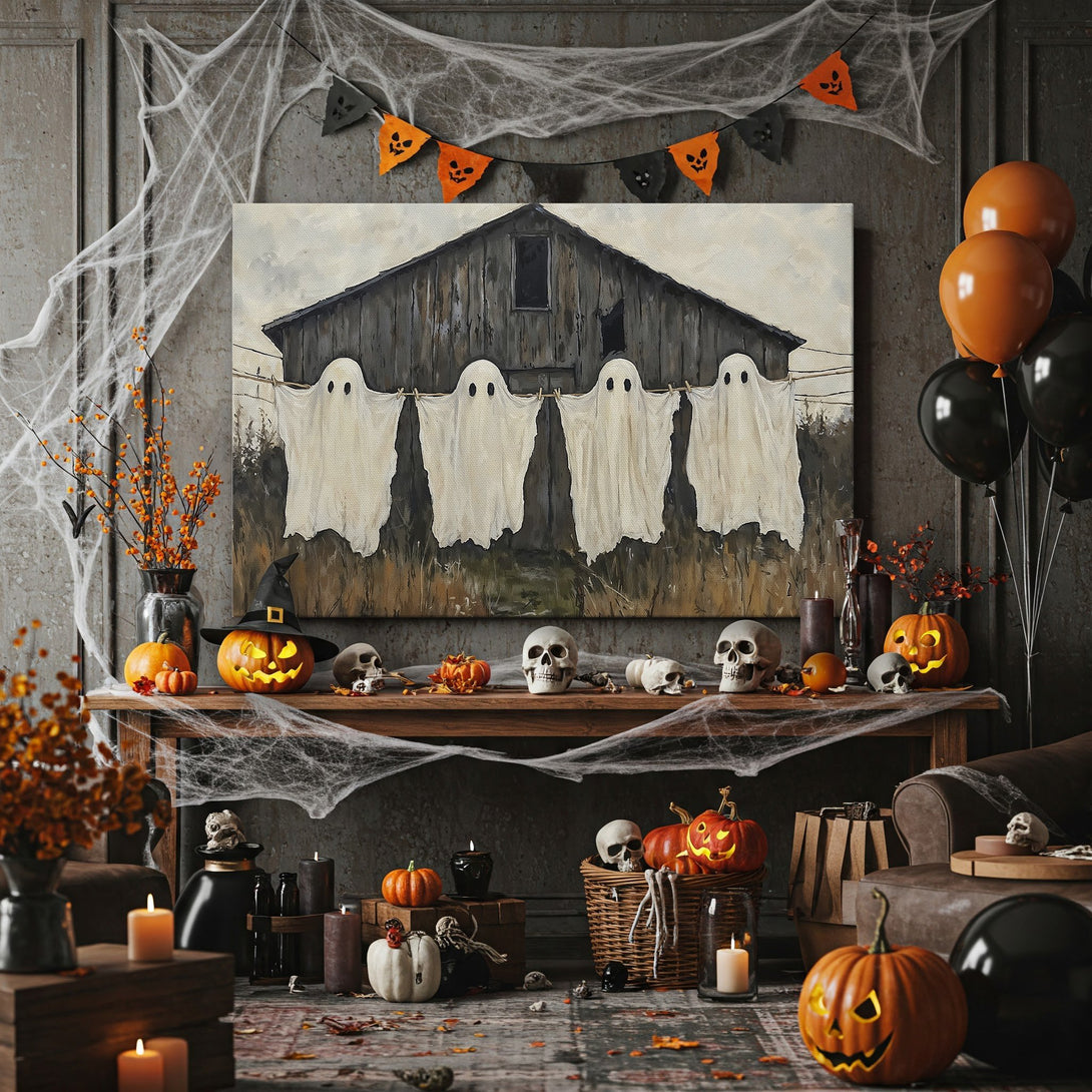 Framed Wall Art: Spooky Halloween scene with ghosts on a clothesline. Rustic style, neutral & warm color palette. Perfect for fall decor.