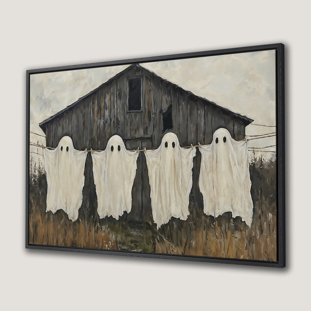 Framed Wall Art: Spooky Halloween scene with ghosts hanging on a clothesline in front of a barn. Rustic style, neutral color palette.