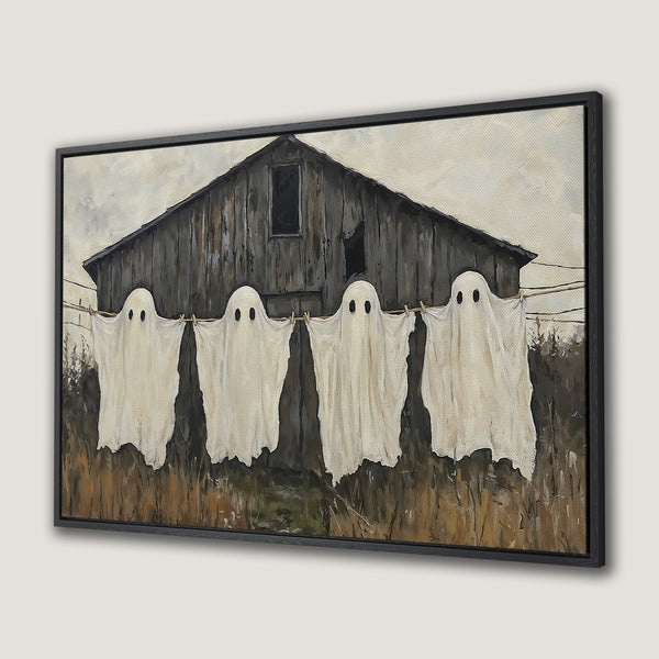 Framed Wall Art: Spooky Halloween scene with ghosts hanging on a clothesline in front of a barn. Rustic style, neutral color palette.