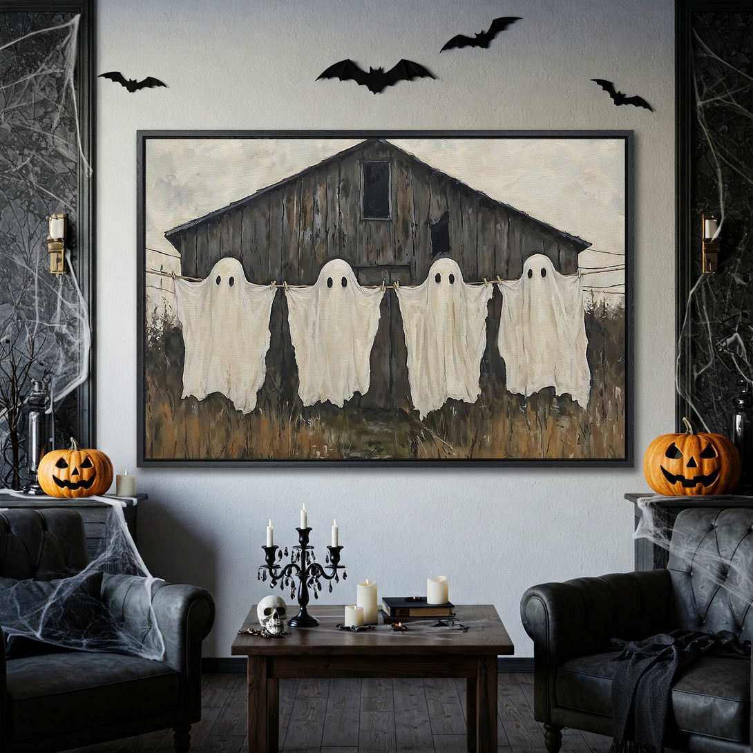 Framed Wall Art: Spooky Halloween ghosts on a barn, neutral color palette. Perfect for adding a touch of eerie charm to your decor!