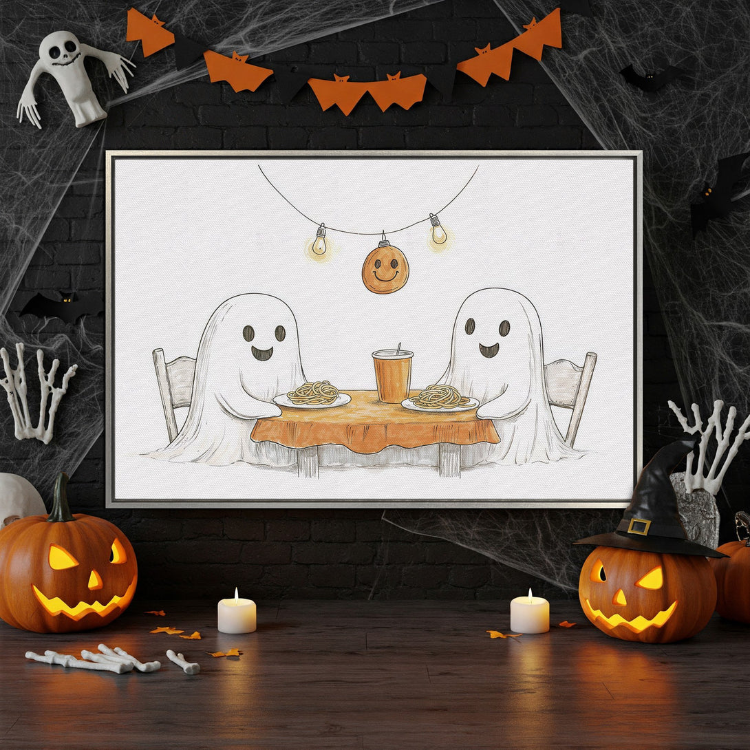 Framed Wall Art: Adorable Halloween ghost illustration in a cozy setting. Featuring orange, black, and white color palette. Perfect spooky decor!