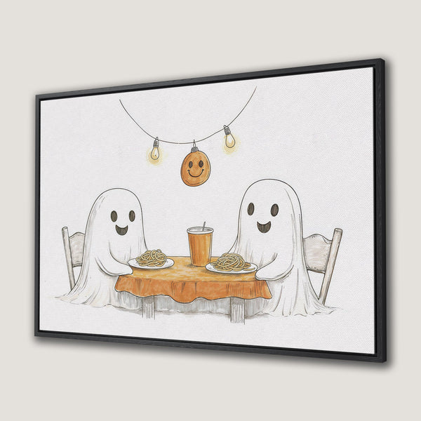 Framed Wall Art: Adorable Halloween ghosts enjoying spaghetti. Whimsical illustration in a warm, neutral palette. Perfect for adding a touch of spooky fun!