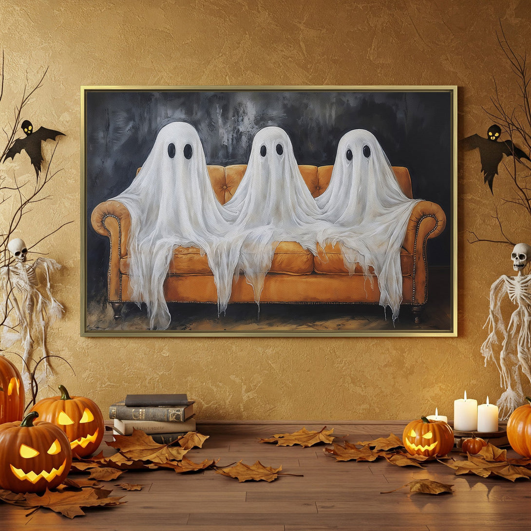 Canvas Print featuring a spooky Halloween scene with ghosts on a couch. Dark, moody palette with orange and black accents. Perfect for seasonal decor!