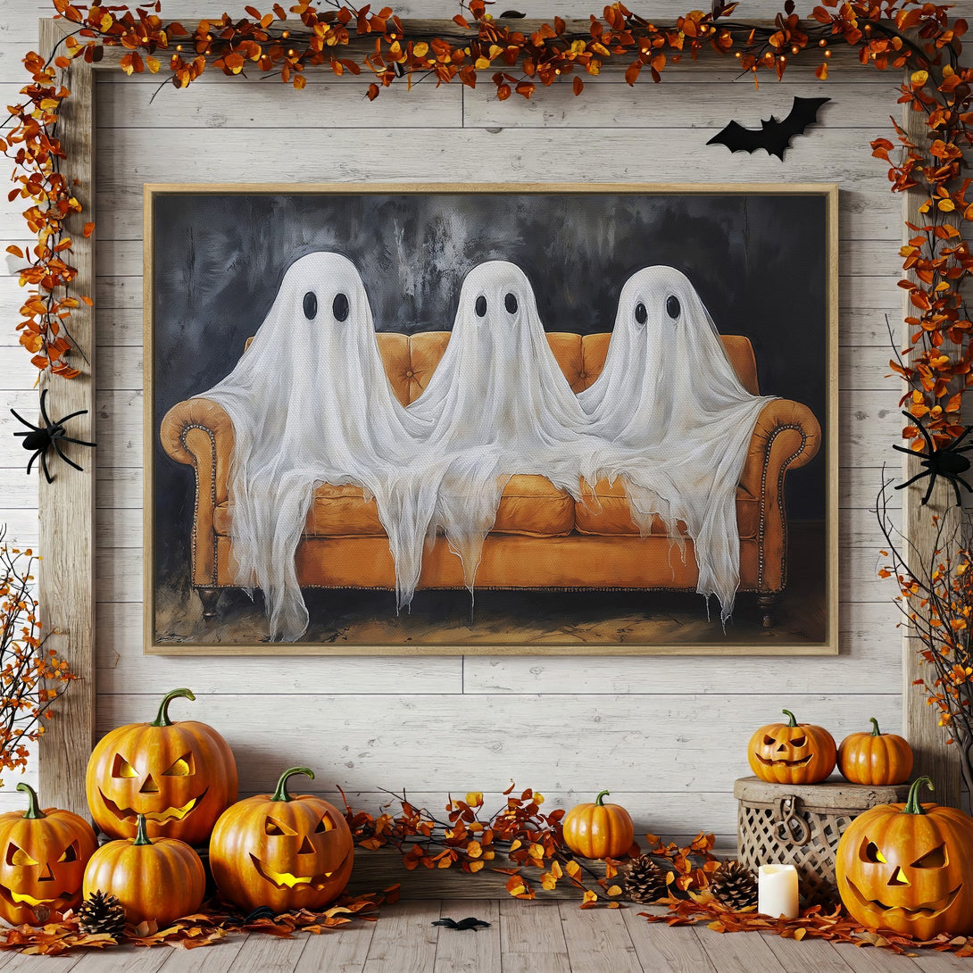 Framed Wall Art: Spooky Halloween ghosts on orange sofa. Artistic, fall color palette. Perfect for seasonal decor.