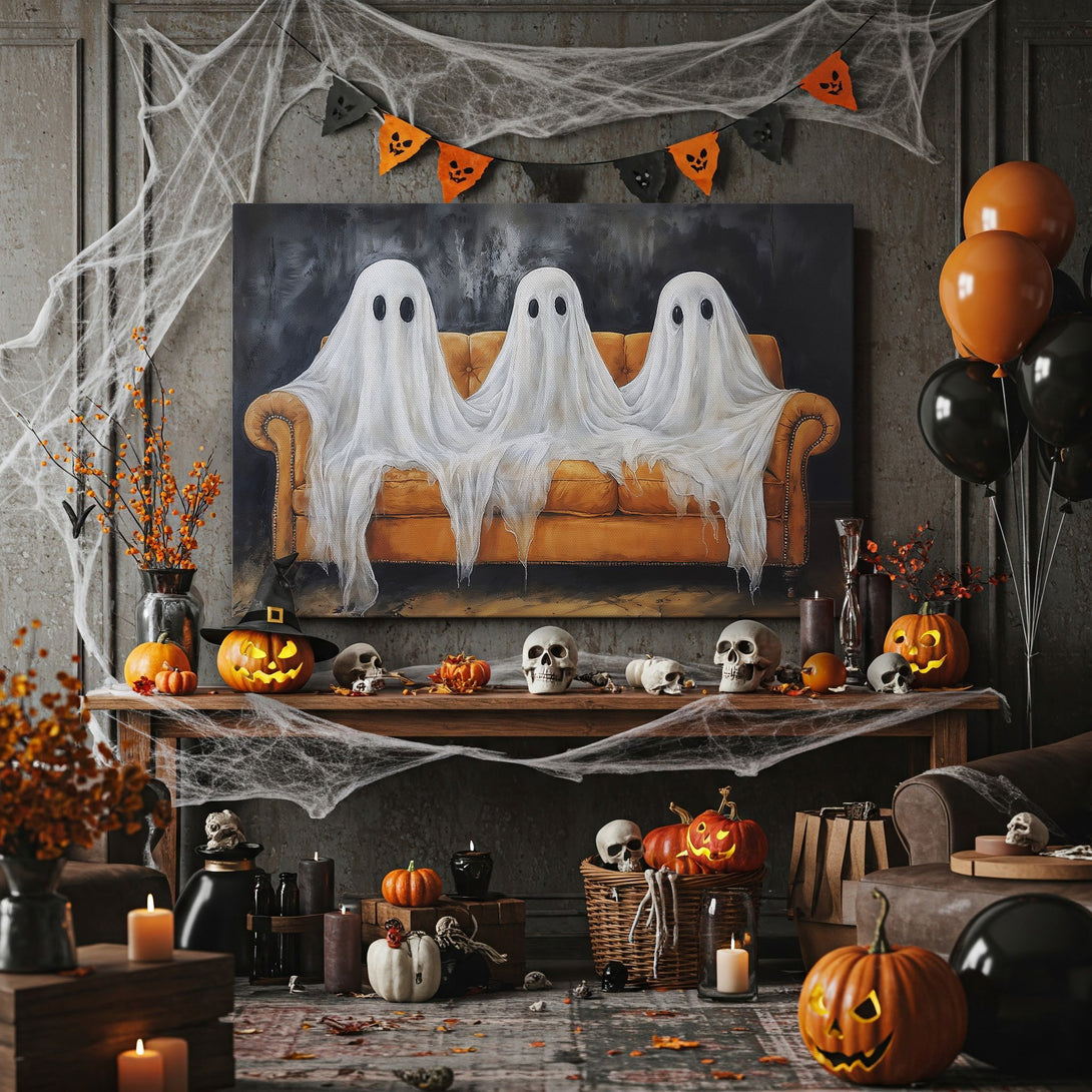 Framed Wall Art: Spooky Halloween Canvas Print featuring ghosts on a sofa. Warm, autumnal color palette with orange, gold, and black. Perfect for fall decor!
