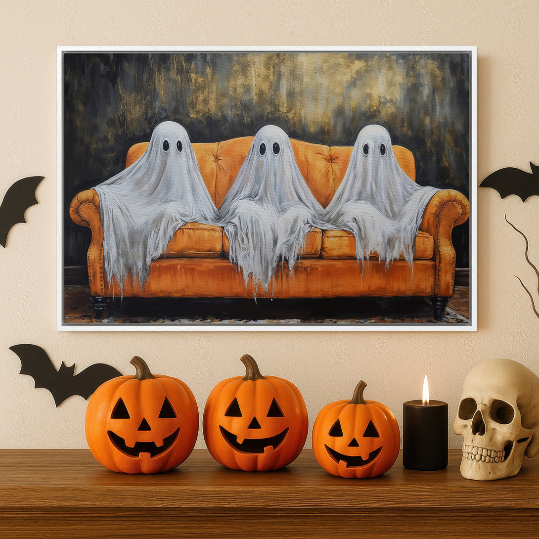 Framed Wall Art: Spooky Halloween Canvas Print featuring ghosts on an orange couch. Artistic style with a warm, autumnal color palette. Perfect for your Halloween decor!