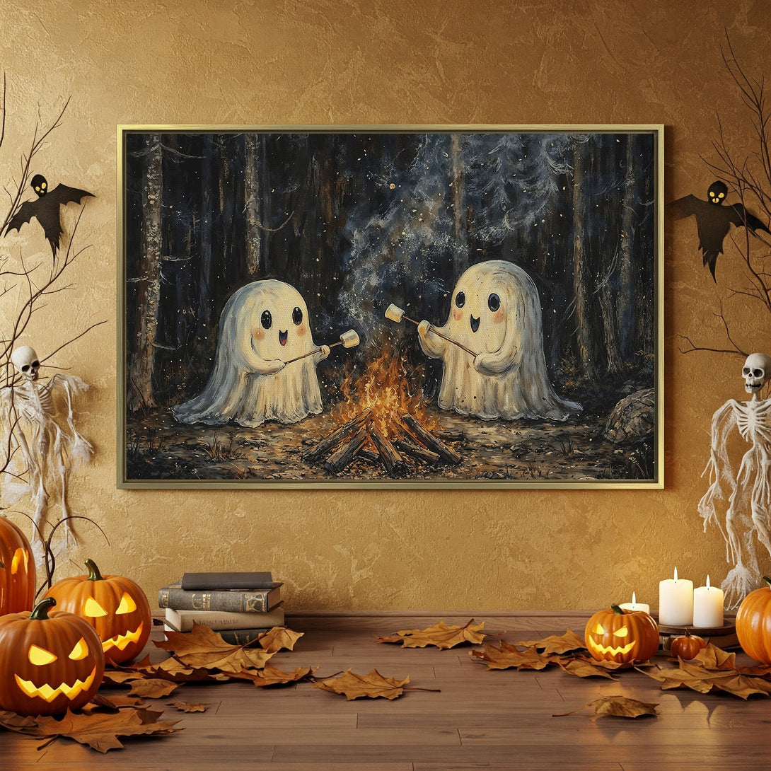 Halloween Canvas Print featuring cute ghosts roasting marshmallows, dark forest background, warm orange & black decor. Spooky wall art.