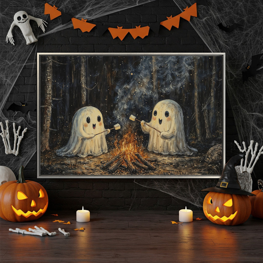 Framed Wall Art: Cute ghosts roasting marshmallows by a campfire, dark forest scene. Halloween decor with orange, black, and brown color palette.