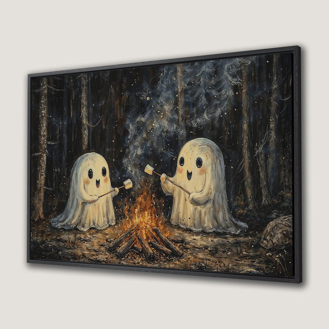 Canvas Print: Cute ghosts roasting marshmallows by a campfire in a dark forest. Whimsical art with a warm, earthy color palette.