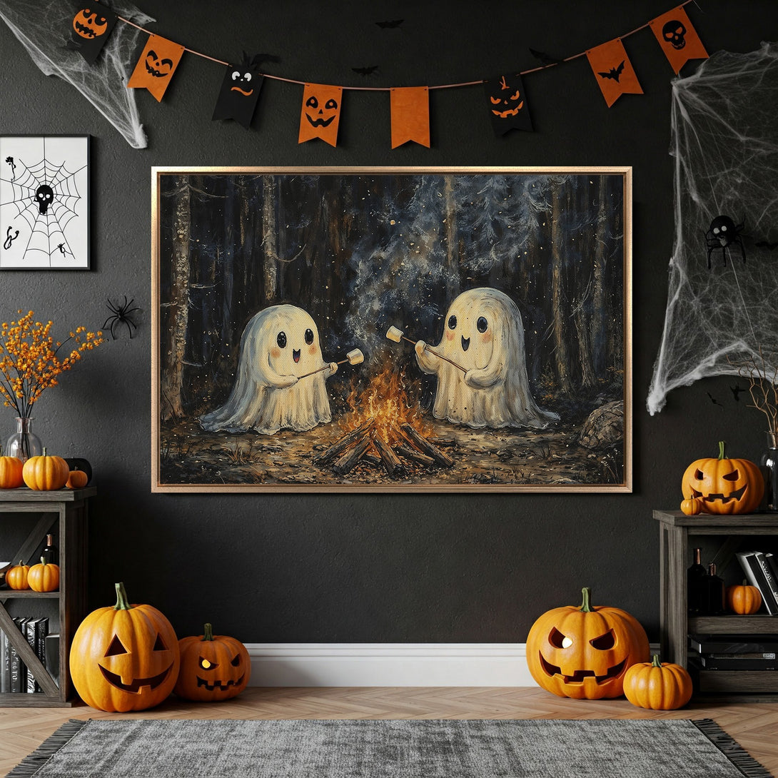 Framed Wall Art: Halloween ghosts roasting marshmallows. Whimsical illustration in a dark, moody palette. Perfect for spooky home decor.