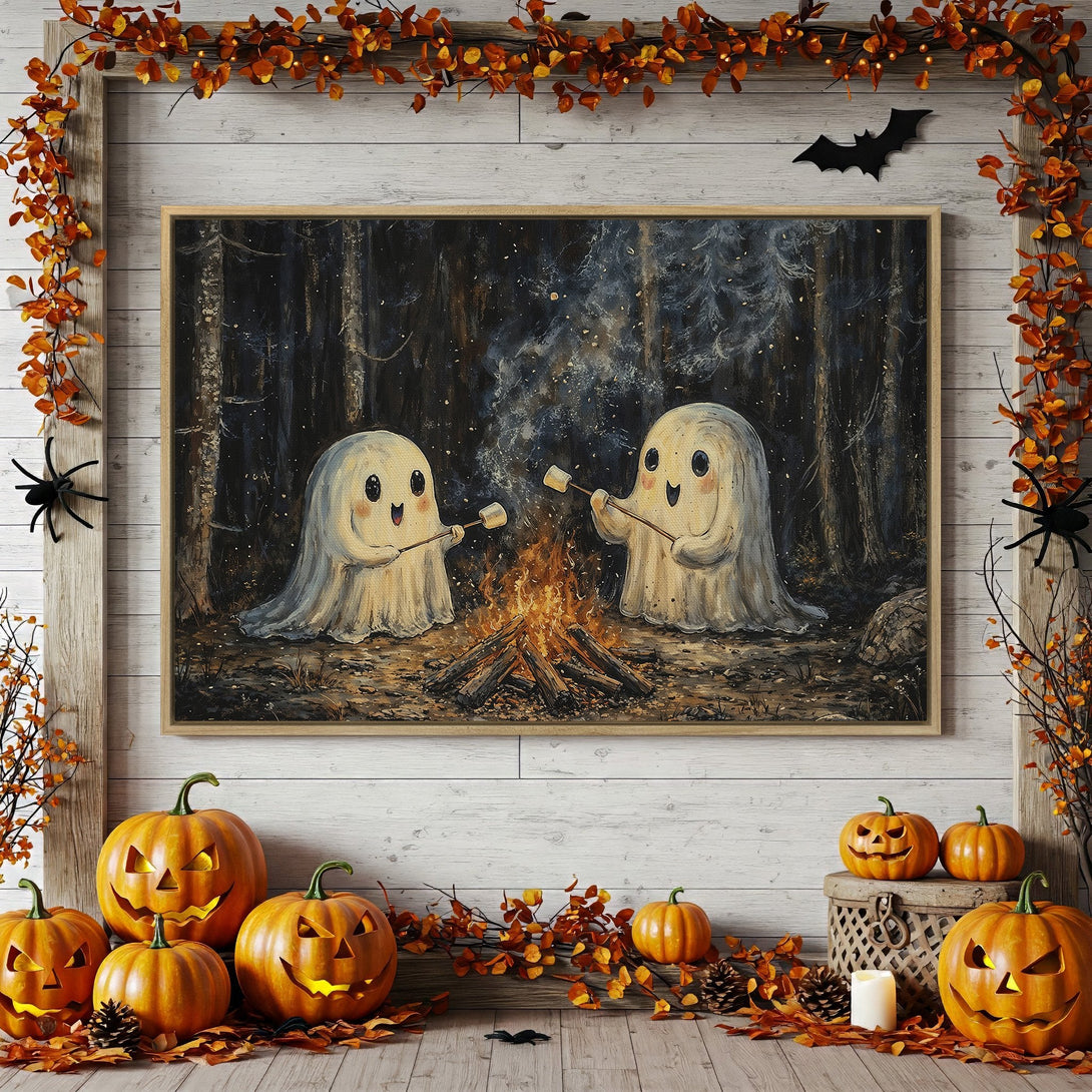 Framed Wall Art: Cute ghosts roasting marshmallows by a campfire in a dark forest. Halloween decor with orange, black, and white color palette.