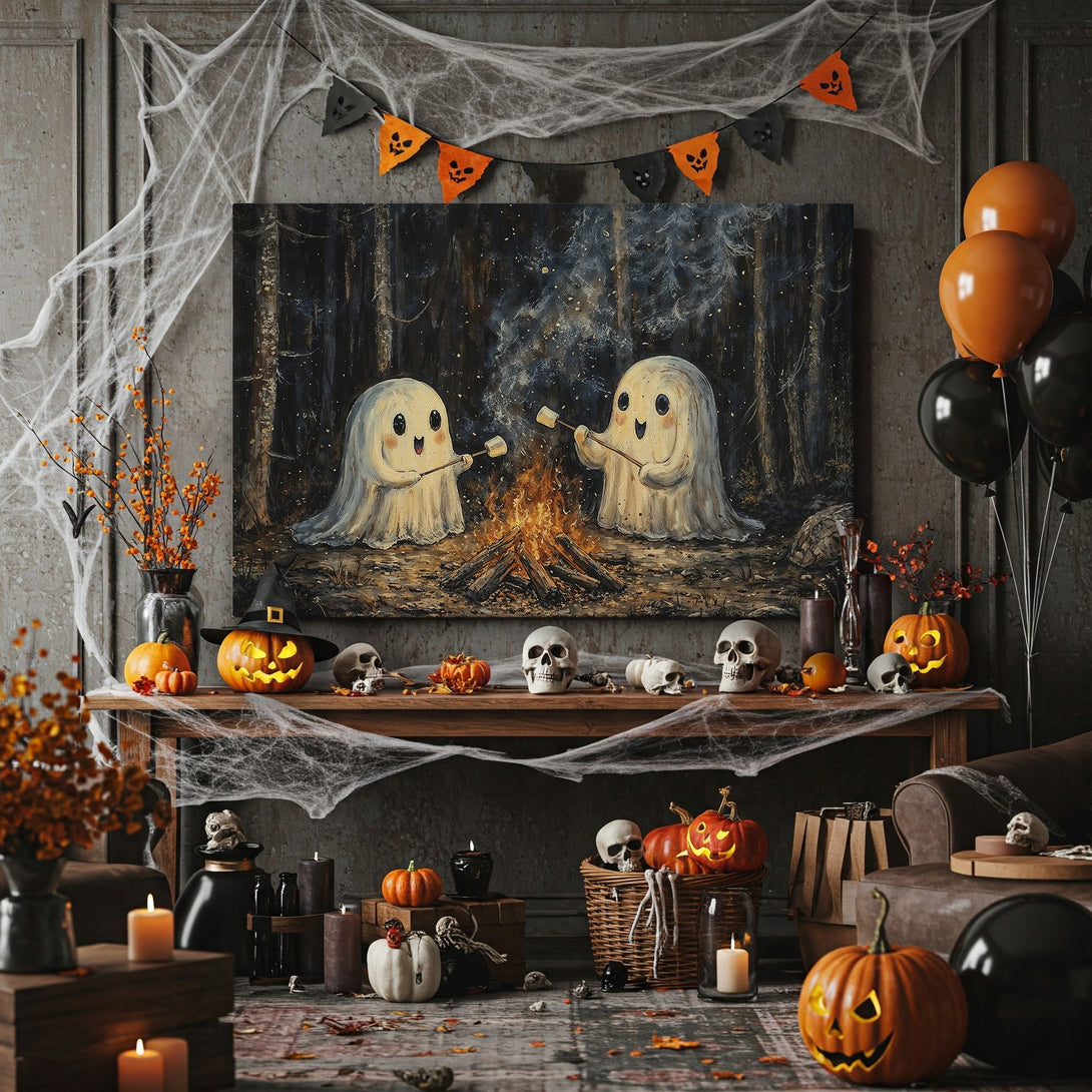 Framed Wall Art featuring two cute ghosts roasting marshmallows by a campfire, set in a spooky forest. Warm, autumnal color palette. Perfect Halloween decor!